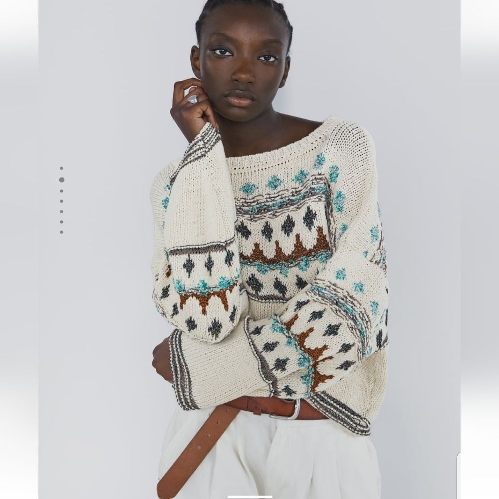 Zara Jacquard Wide Round Neck Metallic Thread Oversized Relax Fit Sweater Medium